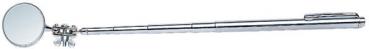 The image shows a long, chrome-plated hand mirror with a round mirror at one end. The handle is extendable and features a convenient holder. Ideal for checking hard-to-see areas.
