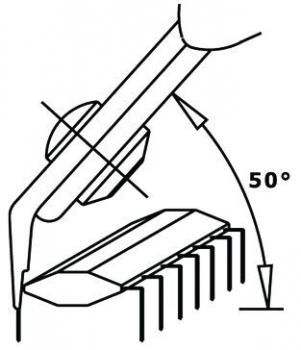 The image shows a pair of pliers positioned at an angle over an object. The angle is 50 degrees. There is a dashed line that marks the distance and the measurement.
