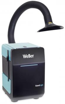 Das Bild zeigt ein kompaktes Gerät mit einem schwarzen Gehäuse und blauen Akzenten. Es hat einen flexiblen Hals, der zu einer runden Lichtquelle führt, und trägt die Aufschrift "Weller GuardLight".