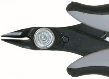 The image shows a small pair of pliers with pointed, black handles and metallic tips. The handle has a gray rubber coating for better grip. The pliers are in the closed position.