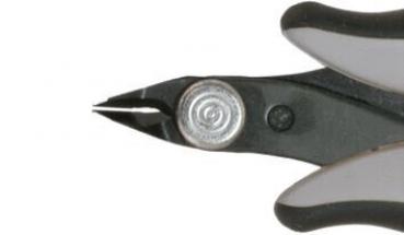 The image shows a pair of pliers with a pointed, narrow cutting edge. The handle is ergonomically designed, with non-slip rubber coatings. The metal seat has a small, round screw in the center.