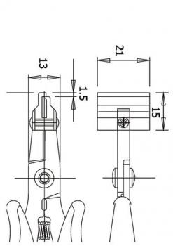 The image shows a technical drawing of a tool, possibly a pair of pliers, with dimensions. The dimensions are given in millimeters: widths of 13 mm and 21 mm, and heights of 1.5 mm and 15 mm.