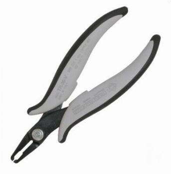 Das Bild zeigt eine Zange mit einer schwarzen Metallspitze und ergonomischen, grauen Griffen. Die Griffe sind leicht geschwungen und bieten einen angenehmen Halt.