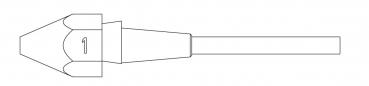 The image shows a top view of a pencil with a sharp tip. At the upper end, there is a tip marked with the number 