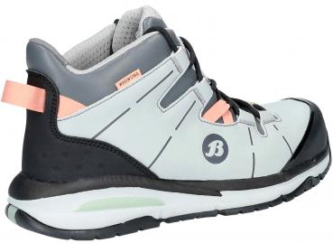 Der Schuh ist ein halbhoher Sport- bzw. Freizeitschuh in hellgrau mit schwarzen und korallfarbenen Akzenten. Er hat eine gepolsterte Zunge, Schnürsenkel und eine rutschfeste Sohle.