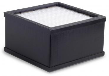The image shows a rectangular black box with a grid-like white lid. The box has smooth sides and appears sturdy.