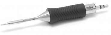 The image shows a precision tool with a long, pointed, metallic end and a non-slip, black handle. It has a slender shape and a spring component.
