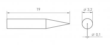 The image shows a technical drawing of a long, pointed object with a total length of 19 mm. To the right, there is a top view that displays a diameter of 3.2 mm and a small opening of 0.1 mm.