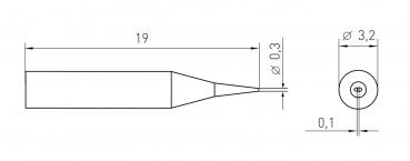 The image displays a technical drawing of a thin, pointed object with specified dimensions: 19 mm in length, 3.2 mm in diameter at the thicker part, and 0.3 mm at the tip. A cross-section is shown on one side.