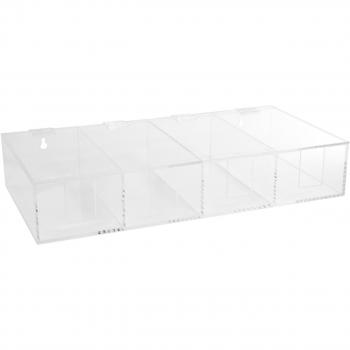 The image shows a transparent plastic organizer with three equally sized compartments. Each compartment has an open front and is ideal for sorting small items.