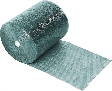 Das Bild zeigt eine Rolle grünem, glänzendem Material. Ein Teil des Materials ist entfaltet und liegt flach. Es hat eine strukturierte Oberfläche und ist auf einem runden Kern gewickelt.