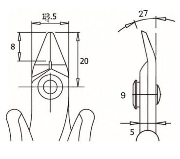 The image displays technical drawings of a tool or a device. It includes dimensions and proportions such as widths, heights, and radii. On the left is a front view, on the right a side view.