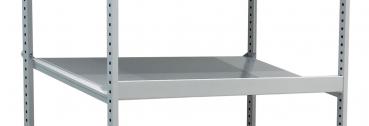 The image displays a simple metal shelf in silver color with multiple shelves. It has straight, vertical support posts and a plain, functional shape.