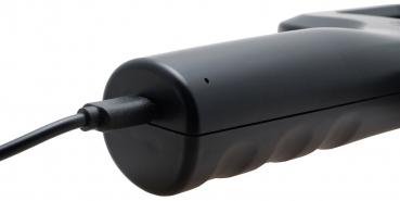 The image shows a black, ergonomically shaped hand control with a cable. The surface is smooth with textured spots for a better grip. A small dot is visible, possibly an LED.