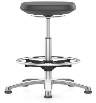 The image shows an adjustable stool with a round, flat seat in black. It has a sturdy, metal base with five casters and a round foot ring.