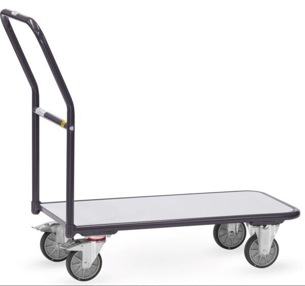 Das Bild zeigt einen stabilen Transportwagen mit vier Rollen. Er hat eine rechteckige, flache Ladefläche und einen langen Griff zum Schieben. Ideal für das Bewegen von schweren Lasten.