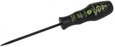 The image shows a long, narrow screwdriver with a black handle. The handle has green prints. The blade is also black and very sharp.