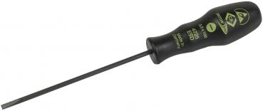 The image shows a long, thin screwdriver with a black, textured handle. Green lettering and numbers are printed on the handle. The blade is slim and straight.