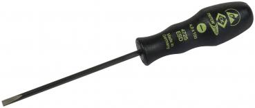 The image shows a long, thin screwdriver with a black, textured handle. Green lettering and numbers are printed on the handle. The blade is slim and straight.