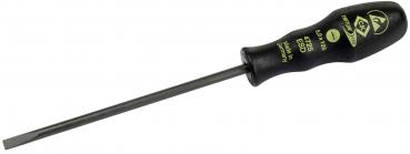 The image shows a screwdriver with a long, slender metal shaft and a black, non-slip handle. The handle has yellow markings and is ergonomically shaped.