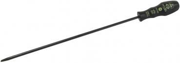 The image shows a long, thin screwdriver with a black, non-slip handle. The handle has green lettering and the tool is straight and metallic.