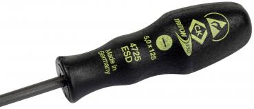 The image shows a black screwdriver with an ergonomic handle. Yellow lettering and a symbol are visible on the handle. The blade is narrow and straight.