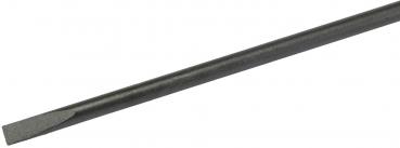 The image shows a long, narrow screwdriver with a flat blade. It has a black handle and is slightly glossy. The blade is straight and ends in a broad surface.