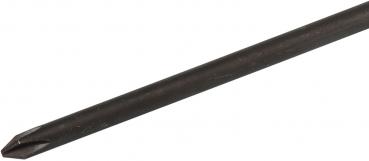 The image shows a long, slender screwdriver with a cross-shaped head. It is black and has a smooth surface that tapers narrowly towards the tip.