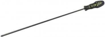 The image shows a long screwdriver with a black, non-slip handle. The blade is slim and metallic, suitable for precise work in tight areas.