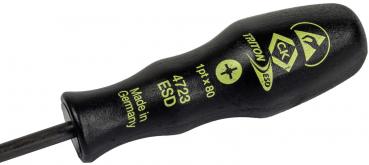 The image shows a black screwdriver with an ergonomic handle. The handle has yellow lettering with details on size and manufacturer. The blade is narrow and straight.