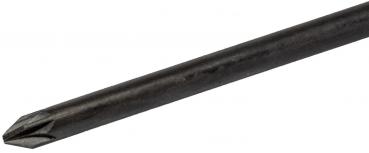 The image shows a black screwdriver with a flat, spiral-shaped end. The handle is missing; it is long and straight, suitable for turning screws.