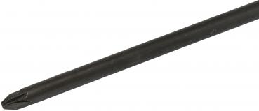 The image shows a long, black screwdriver with a cross-shaped head. The handle is missing, and the blade tapers to a point, suitable for Phillips screws.