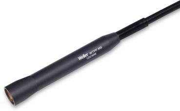 The image shows a black hand tool with a slightly curved handle. It has a pointed working surface and a long narrow cable connection, intended for use in electronics.