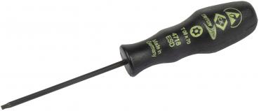 The image shows a screwdriver with a black, ergonomic handle. The handle has green lettering and a rounded shape. The blade is long and thin, ideal for precise work.