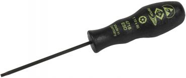 The image shows a small hex key screwdriver with a black, ergonomic handle and green labeling. The blade is long and thin, ideal for precise tasks.