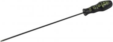 The image shows a screwdriver with a long, narrow steel body and a black handle. Green symbols are printed on the handle, providing information about size and usage.