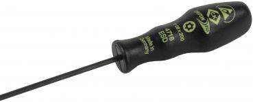 The image displays an electric screwdriver with a black, non-slip handle. The handle features yellow lettering with information about the model and origin. The blade is long and thin.