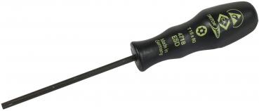 The image shows a screwdriver with a long, slender, black handle and a metal tip. There are green letterings and symbols on the handle.