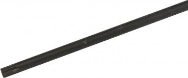 The image shows a long, thin, black wire or rod. It is straight, with a slightly rounded tip, and has a small, bright spot at one point.