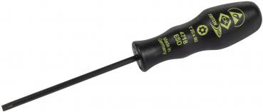 The image shows a black screwdriver with a long, thin steel pin. The handle has a matte finish and is labeled with yellow lettering.