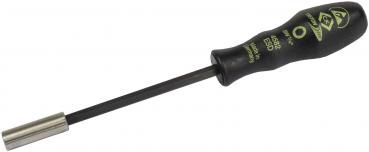 The image shows a screwdriver with a black, non-slip handle and a metallic shaft. The blade is long and thin, ideal for driving screws.