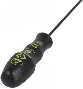 The image shows a black screwdriver with an ergonomic handle and a long, thin blade. There are green markings on the handle. Ideal for precision work.