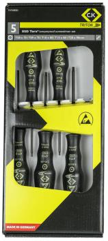 Das Bild zeigt ein Schraubendreher-Set mit fünf Torx-Schraubendrehern in einer Verpackung. Die Griffe sind schwarz mit gelben und weißen Markierungen. Die Maße sind aufgedruckt.