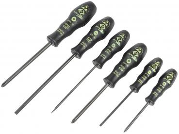 The image displays a series of screwdrivers in various sizes. They have black handles with yellow markings for identification. The blades are metallic and pointed.