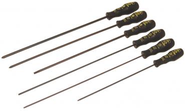 The image shows six screwdrivers with black handles. The surface of the handles has a yellow marking. The screwdrivers are arranged in various lengths.