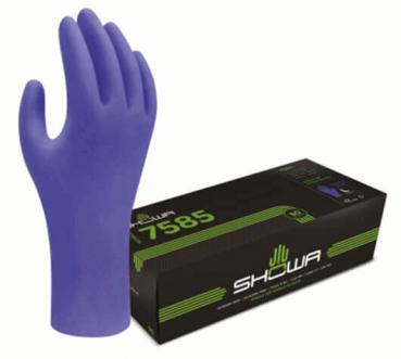 Das Bild zeigt einen lila Gummi-Handschuh, der aufrecht steht, neben einer schwarzen Verpackung mit grünen Akzenten, auf der "SHOWA 7585" steht.