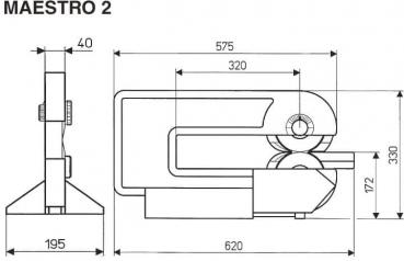 Das Bild zeigt technische Zeichnungen eines Geräts namens "Maestro 2". Es enthält Maße in Millimetern für Höhe, Breite und Tiefe. Die Darstellung ist schematisch und zeigt eine seitliche Ansicht.