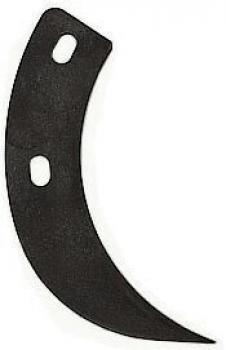 The image shows a curved, black metal piece with two round holes. The shape resembles a small sickle or a bow. It is flat and has sharp edges.