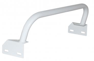 The image shows a white, curved grab bar. It has two solid mounts on the sides, which are used to attach it to a wall or another object.