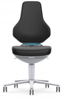 The chair has an ergonomic, black backrest that is slightly curved. The seat is oval and also black, with a blue control underneath. It stands on five casters.